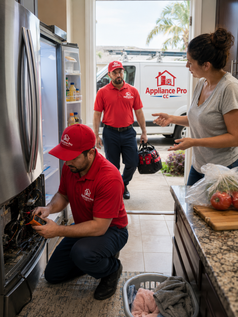**Alt Text:** Appliance Pro CC technician repairing a refrigerator in a home kitchen while a homeowner explains the issue and another technician arrives with a tool bag beside the branded service van.