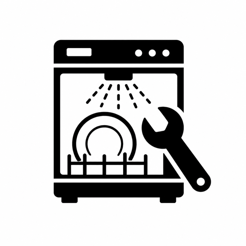 Black dishwasher repair icon with dishes, water spray, and a wrench symbol on a white background.