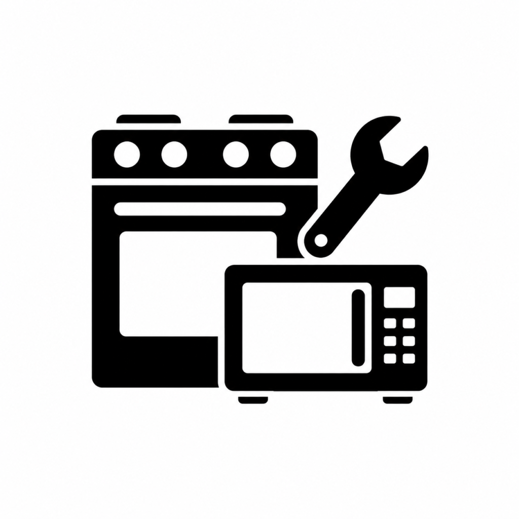 Black oven, stove, and microwave repair icon with a wrench symbol on a white background.