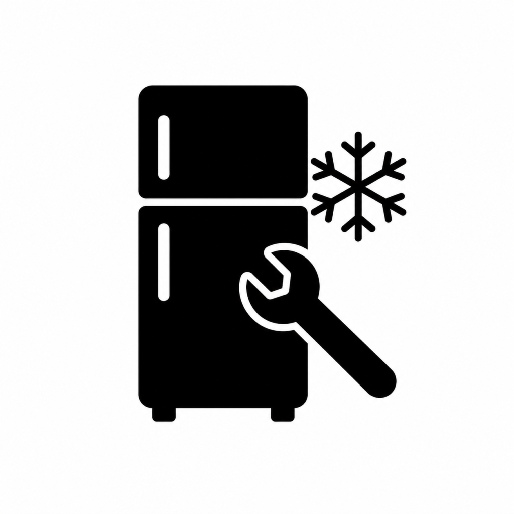 Black refrigerator and freezer repair icon with a wrench and snowflake symbol on a white background.