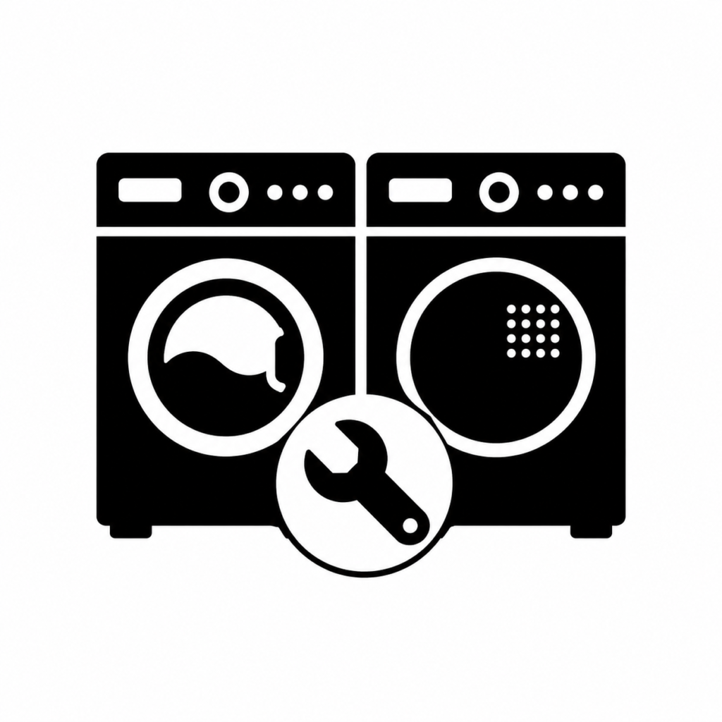 Black washer and dryer repair icon with front-load machines and a wrench symbol on a white background.