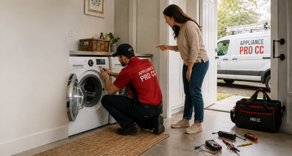 Appliance Pro CC technician repairing a washer in a home laundry room while a homeowner points out the issue, with tools nearby and a branded service van outside.