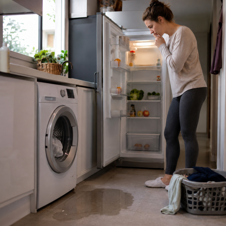 Concerned homeowner looking at an open refrigerator and a leaking washing machine with water on the floor and laundry basket nearby.