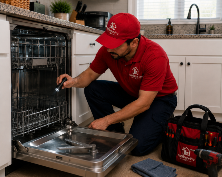 Technician in a red and blue Appliance Pro CC uniform kneeling in a bright modern kitchen, repairing an open stainless-steel dishwasher with a flashlight in hand, while a red-and-black tool bag rests nearby and natural light illuminates the scene.