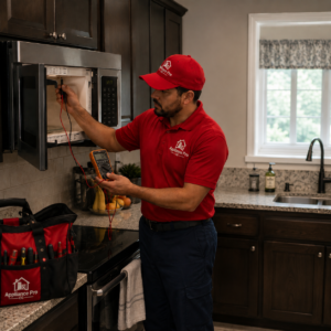 Technician in a red and blue Appliance Pro CC uniform inspecting a stainless-steel microwave in a modern kitchen, holding a multimeter with tools and kitchen items visible on the countertop.