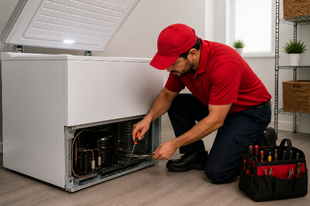 Technician in a red and blue Appliance Pro CC uniform kneeling on the floor, repairing the lower panel of a white freezer in a modern kitchen, using a screwdriver with a red-and-black tool bag nearby.