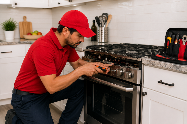 Technician in a red and blue Appliance Pro CC uniform kneeling in a modern kitchen, using a screwdriver to repair the control panel of a stainless-steel oven, with a red-and-black tool bag placed on the countertop nearby.