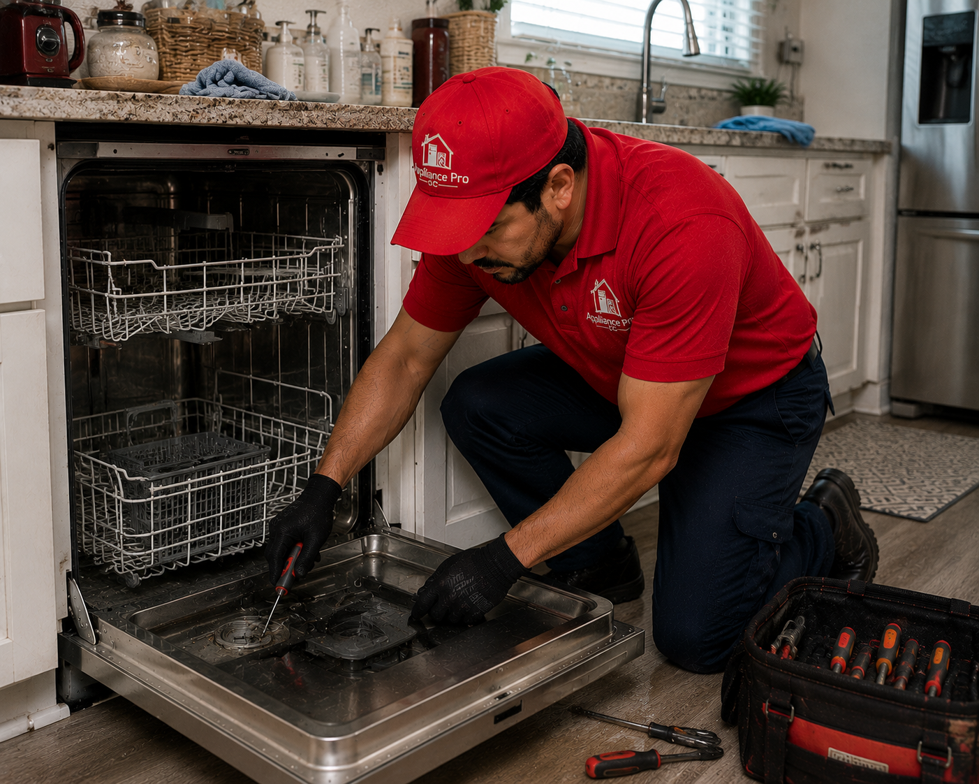 Technician repairing a dishwasher in Corpus Christi