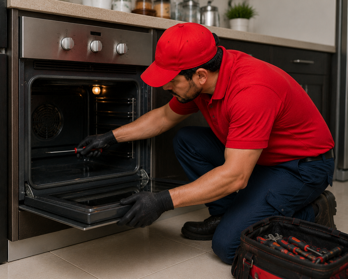 Homeowner checking an oven that needs repair