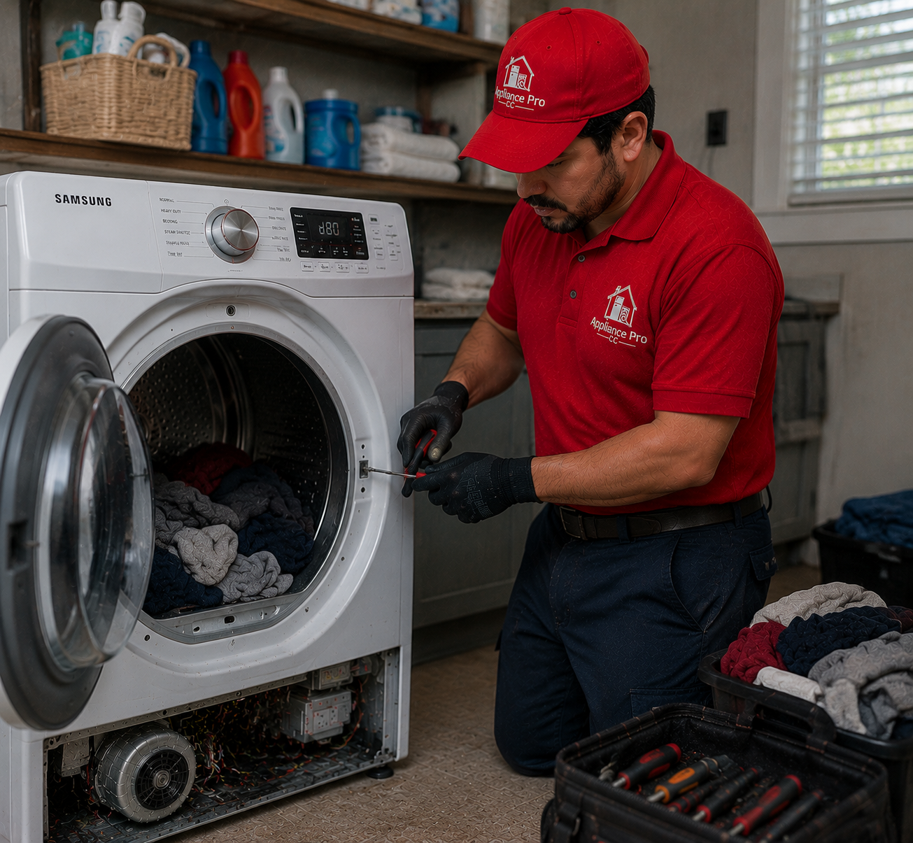 Washer repair technician fixing a washing machine